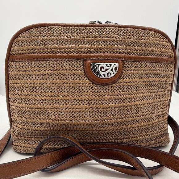 Brighton Jojo Woven Straw Leather Crossbody Shoulder Bag Tan Brown Heart Charm - Picture 1 of 11
